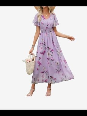 Lilac Floral Smocked-Waist Maxi Dress With Pockets